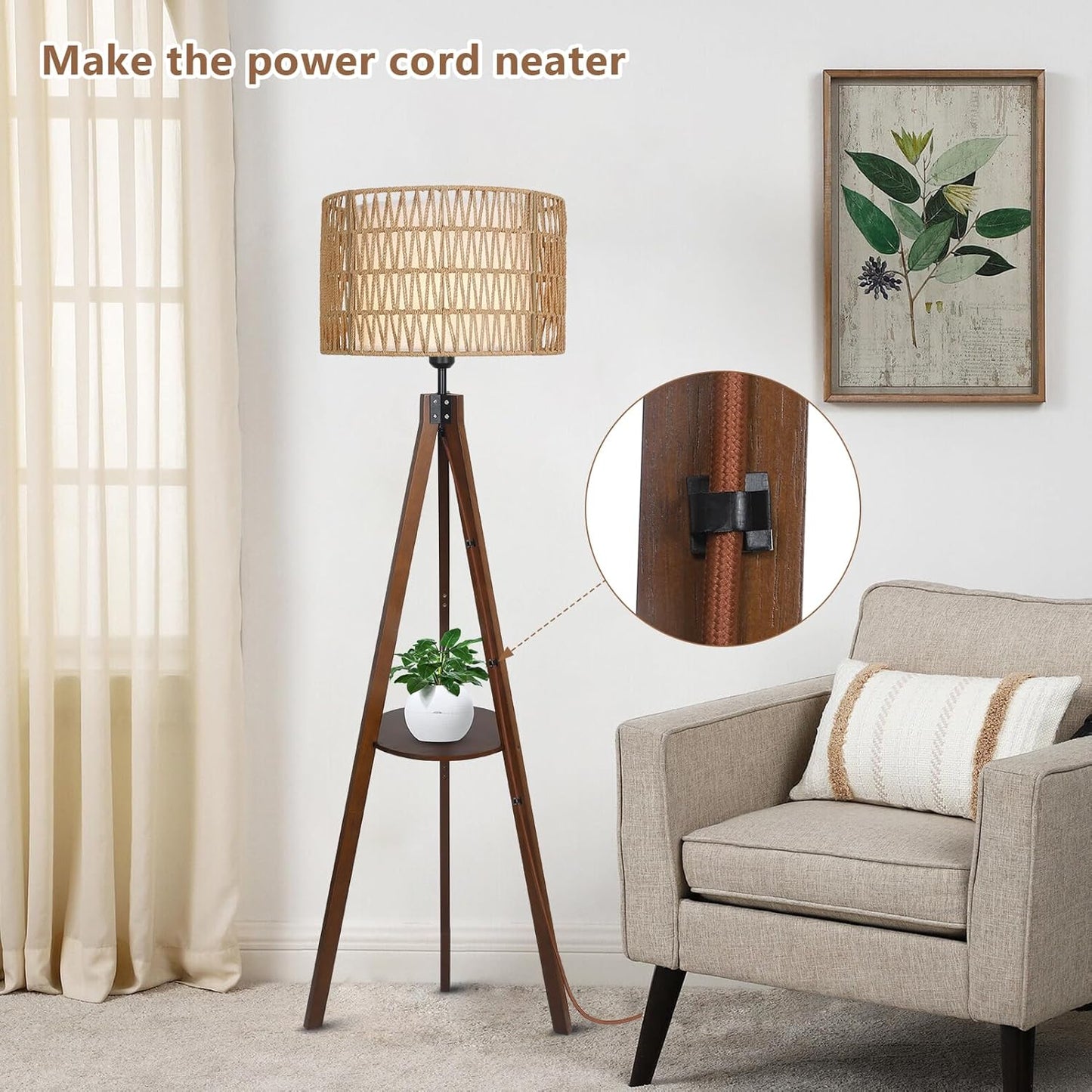 Fortune Candy 59'' Tall Boho Tripod Floor Lamp with Shelves, Mid-Century Modern Wood Standing Lamp with Rattan and Fabric Shades for Home