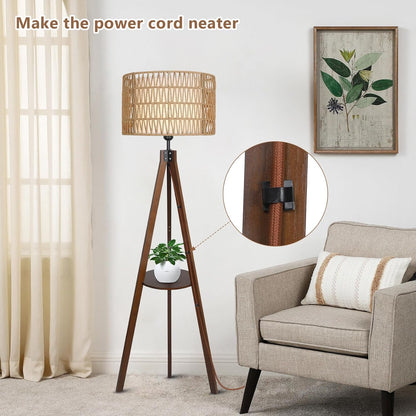 Fortune Candy 59'' Tall Boho Tripod Floor Lamp with Shelves, Mid-Century Modern Wood Standing Lamp with Rattan and Fabric Shades for Home