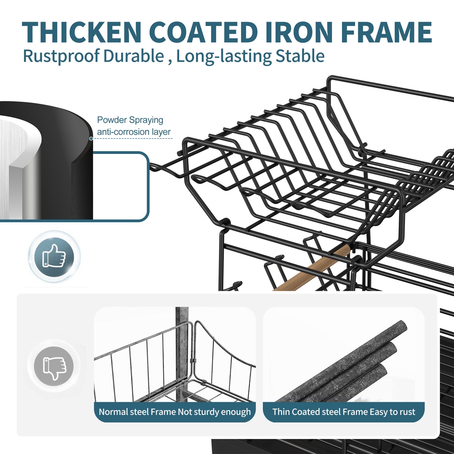 Fortune Candy 15.4'' Tall Dish Drying Rack with Bamboo Handle, 2-Tier Drying Rack for Apartments, Dorms, and Kitchens, Black