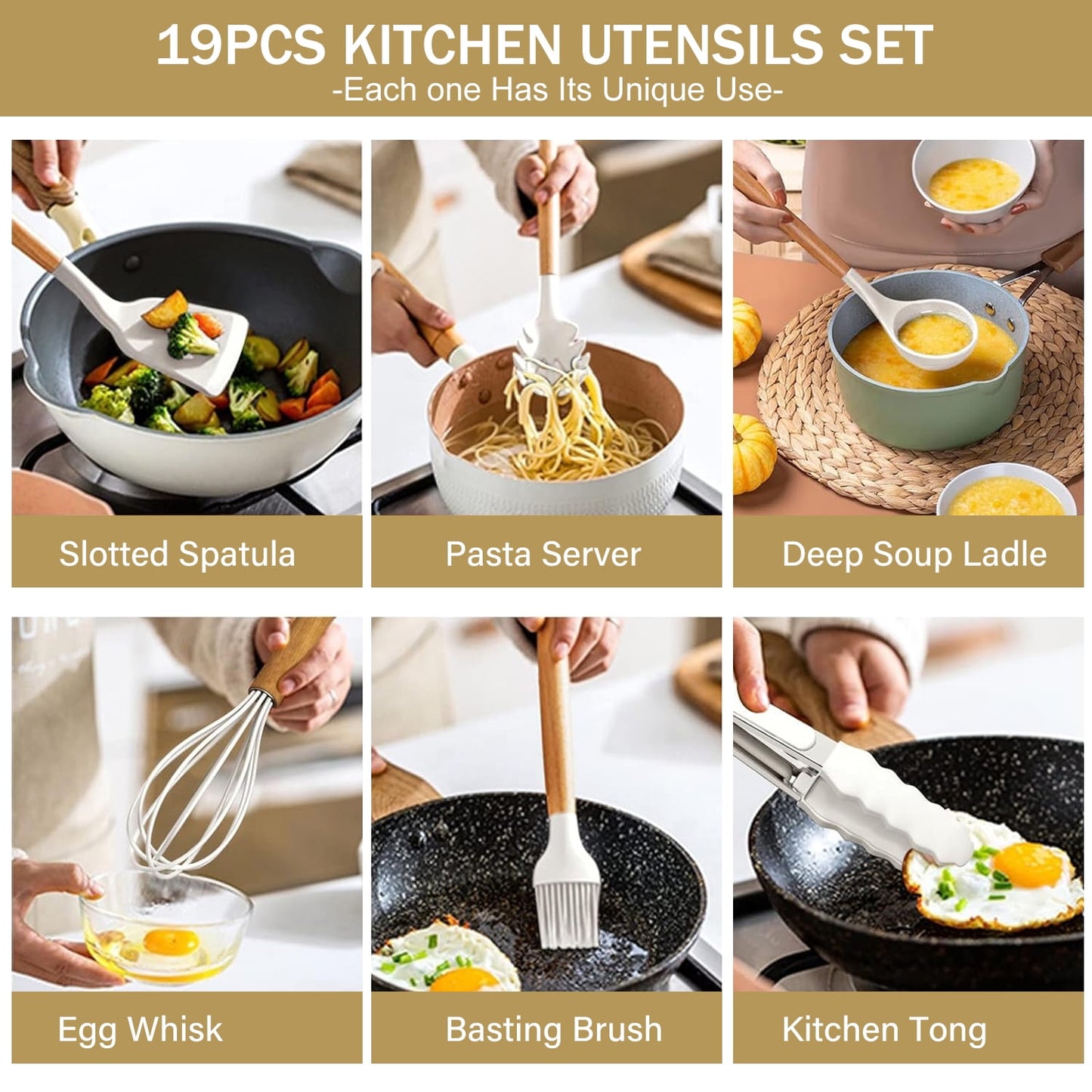 Fortune Candy 19pc Kitchen Utensil Set, Includes Tongs, Ladle, Scissors, Knives and Cutting Board (Beige)