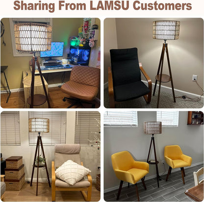 Fortune Candy 59'' Tall Boho Tripod Floor Lamp with Shelves, Mid-Century Modern Wood Standing Lamp with Rattan and Fabric Shades for Home