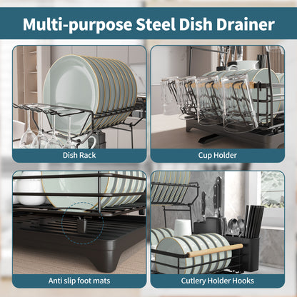 Fortune Candy 15.4'' Tall Dish Drying Rack with Bamboo Handle, 2-Tier Drying Rack for Apartments, Dorms, and Kitchens, Black