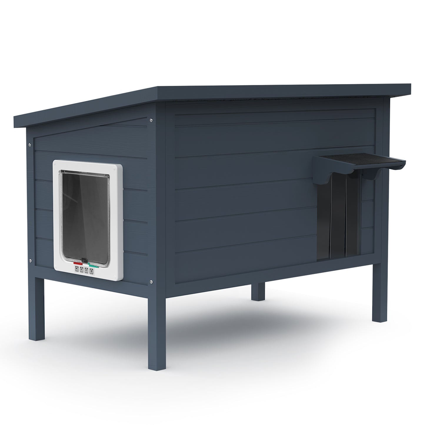 Fortune Candy 34.25'' Wooden Indoor-Outdoor Insulated Cat House with Raised Base, Spacious Indoor Area for All-Season Use, Navy Blue