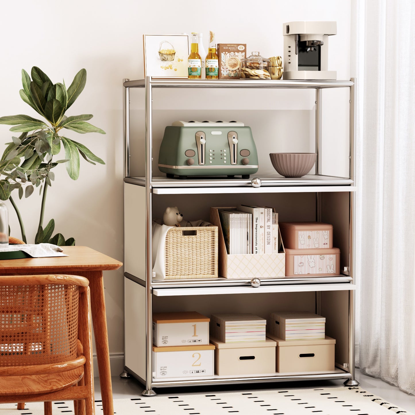 Fortune Candy 3 Tier Modular Metal Storage Cabinet, Modern Grid-Style Organizer for Dining Room, Living Room or Office, White