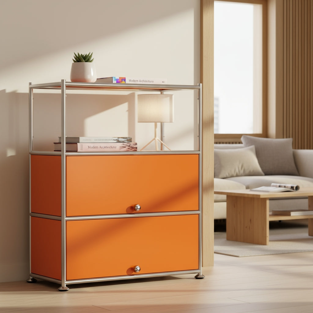 Fortune Candy 3 Tier Modular Metal Storage Cabinet, Modern Grid-Style Organizer for Dining Room, Living Room or Office, Orange