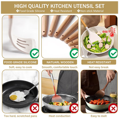 Fortune Candy 19pc Kitchen Utensil Set, Includes Tongs, Ladle, Scissors, Knives and Cutting Board (Beige)