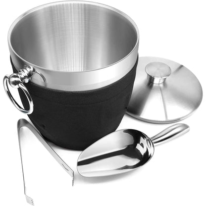 Fortune Candy 2.8 L Double Wall Stainless Steel Ice Bucket, with Tongs, Scoop and Holder, Black