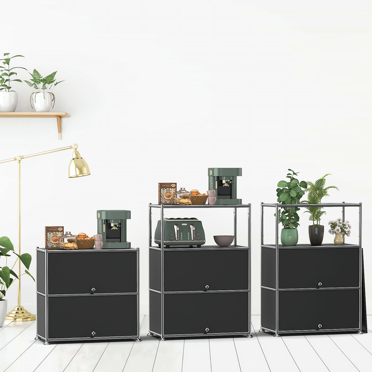 Fortune Candy 3 Tier Modular Metal Storage Cabinet, Modern Grid-Style Organizer for Dining Room, Living Room or Office, Black