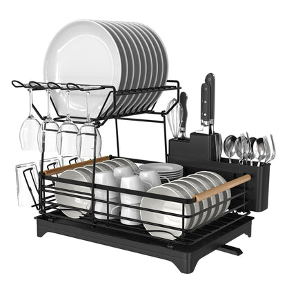 Fortune Candy 15.4'' Tall Dish Drying Rack with Bamboo Handle, 2-Tier Drying Rack for Apartments, Dorms, and Kitchens, Black