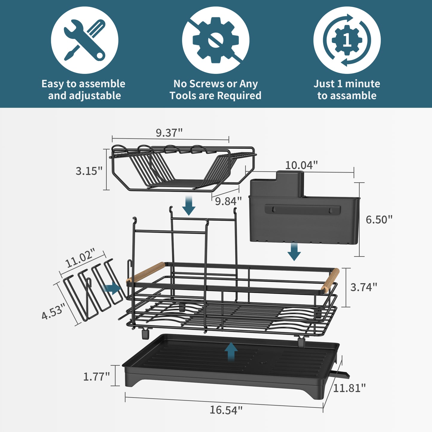 Fortune Candy 15.4'' Tall Dish Drying Rack with Bamboo Handle, 2-Tier Drying Rack for Apartments, Dorms, and Kitchens, Black