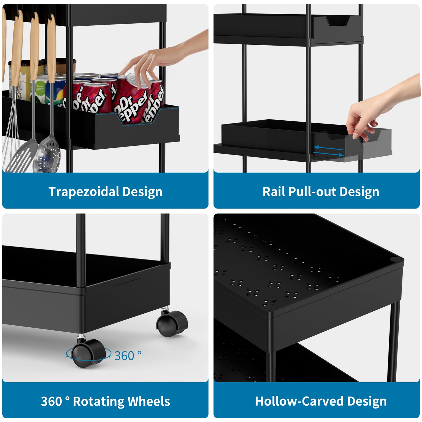 Fortune Candy 4-Tier Plastic Storage Cart with Wheels, Rolling Kitchen Shelving Rack for Pantry, Bathroom, Office