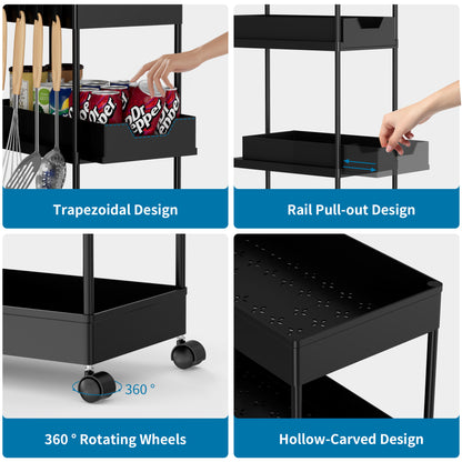 Fortune Candy 4-Tier Plastic Storage Cart with Wheels, Rolling Kitchen Shelving Rack for Pantry, Bathroom, Office