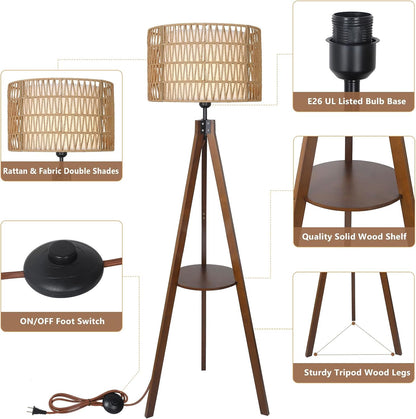 Fortune Candy 59'' Tall Boho Tripod Floor Lamp with Shelves, Mid-Century Modern Wood Standing Lamp with Rattan and Fabric Shades for Home