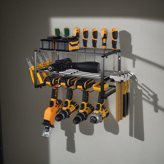 Fortune Candy 2-Tier Tool Organizer Wall Mount, 4 Slots for Cordless tool Storage, Utility Rack Suitable for Garage/Workshop/Pegboard, 1 SET