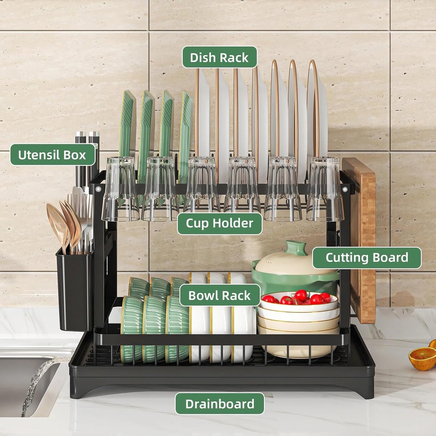 Fortune Candy 11.41'' Tall 2 Tier Dish Drying Rack, Large apacity, Black
