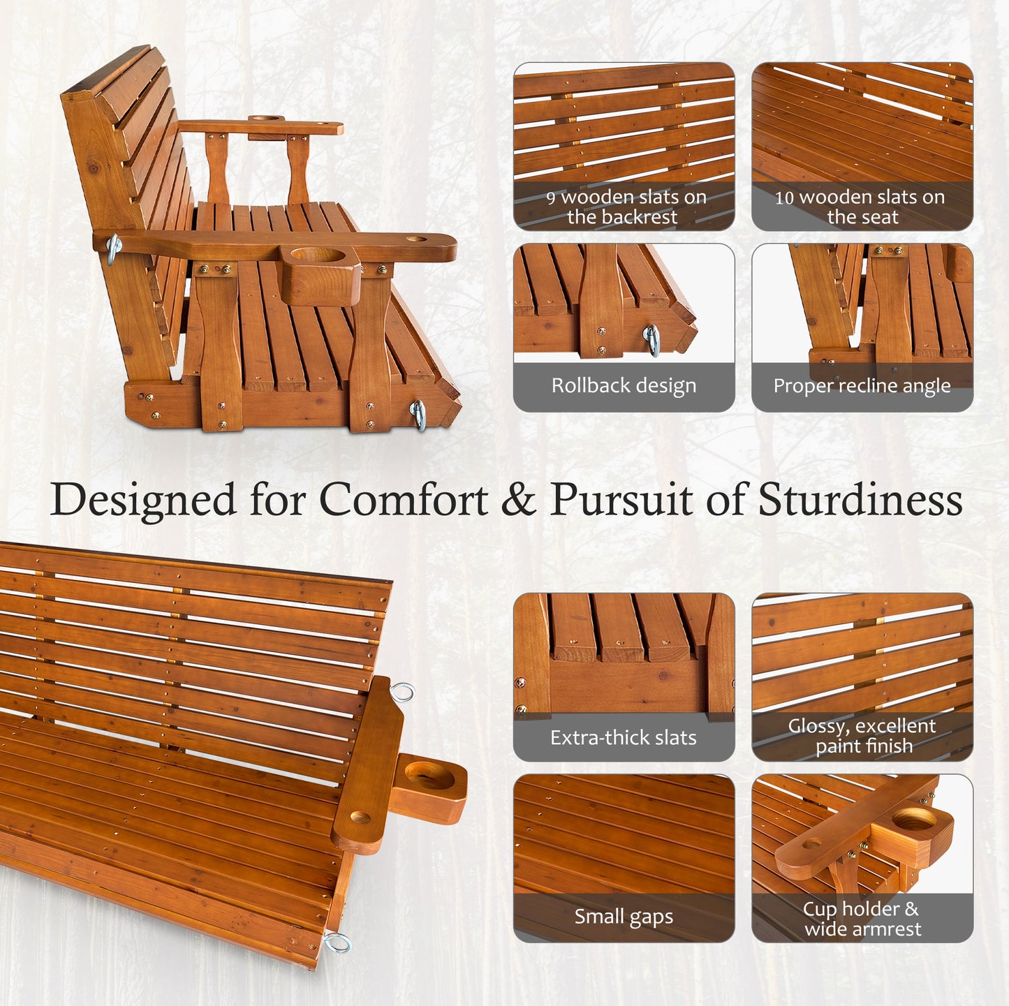 Wooden Porch Swing 2-Seater, Bench Swing with Cupholders, Hanging Chains and 7mm Springs, Heavy Duty 800 LBS, for Outdoor Patio Garden (Warm Teak Color, 5 FT Extra Large)