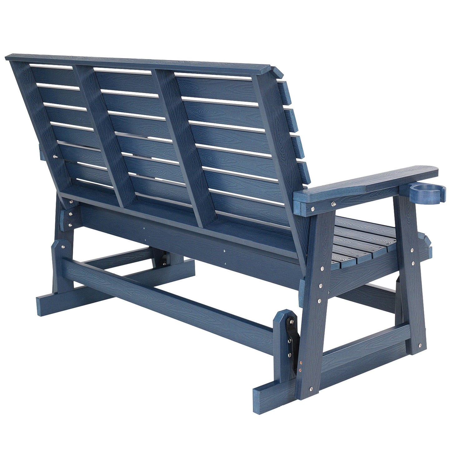 HIPS Patio Glider with Cup Holders, Durable Poly Lumber Material, All-Weather Resistant, High Backrest and Deep Contoured Seat, Ladder Back, Heavy Duty 900 LB, for Outdoor, Patio (Navy Blue, 3-Seat)