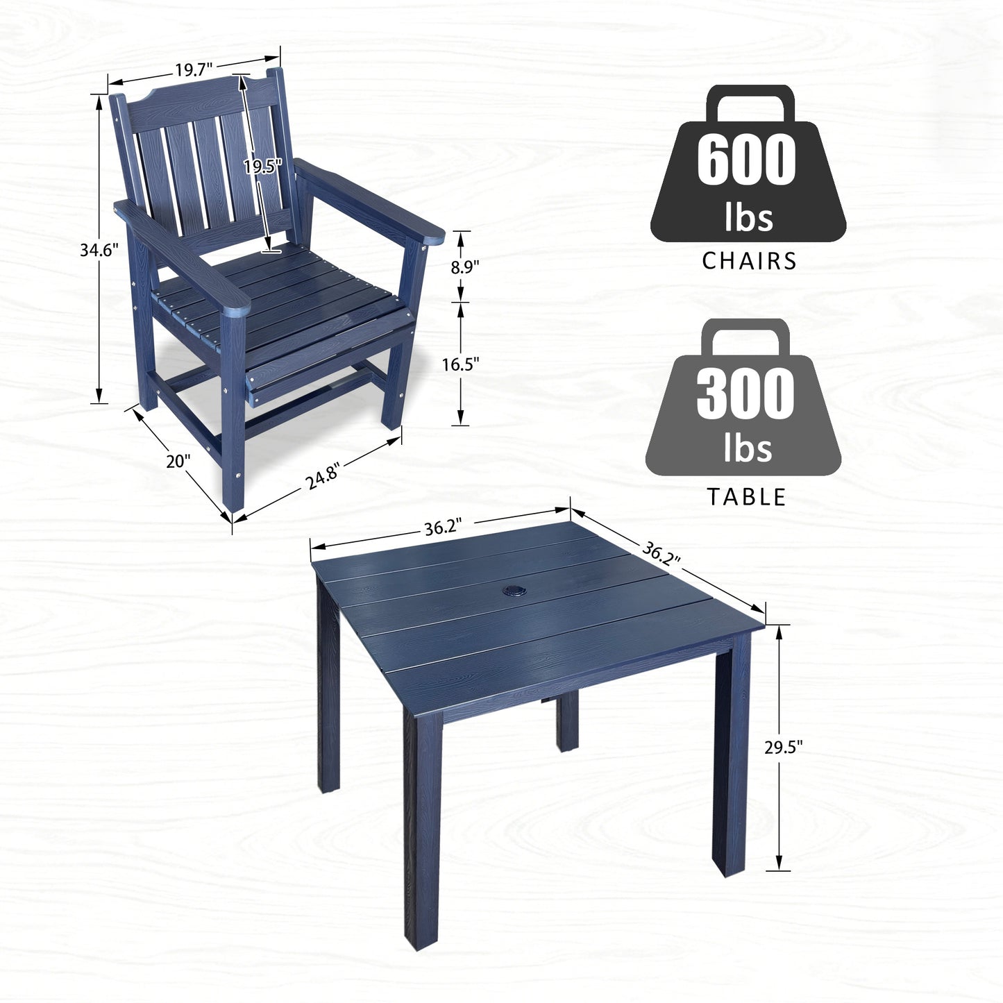 Fortune Candy 5 PCS Poly Lumber Outdoor Patio Dining Set, 36.2 in. Table with Umbrella Hole and Slat-Back Chairs, Navy Blue