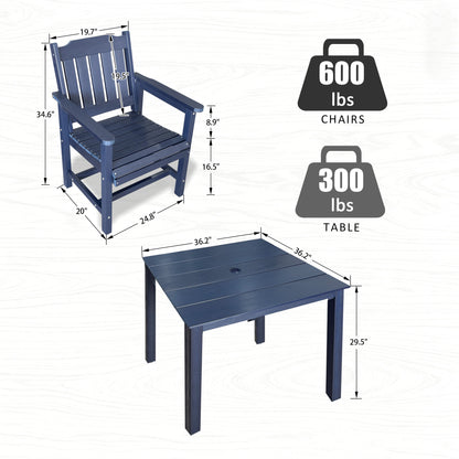 Fortune Candy 5 PCS Poly Lumber Outdoor Patio Dining Set, 36.2 in. Table with Umbrella Hole and Slat-Back Chairs, Navy Blue