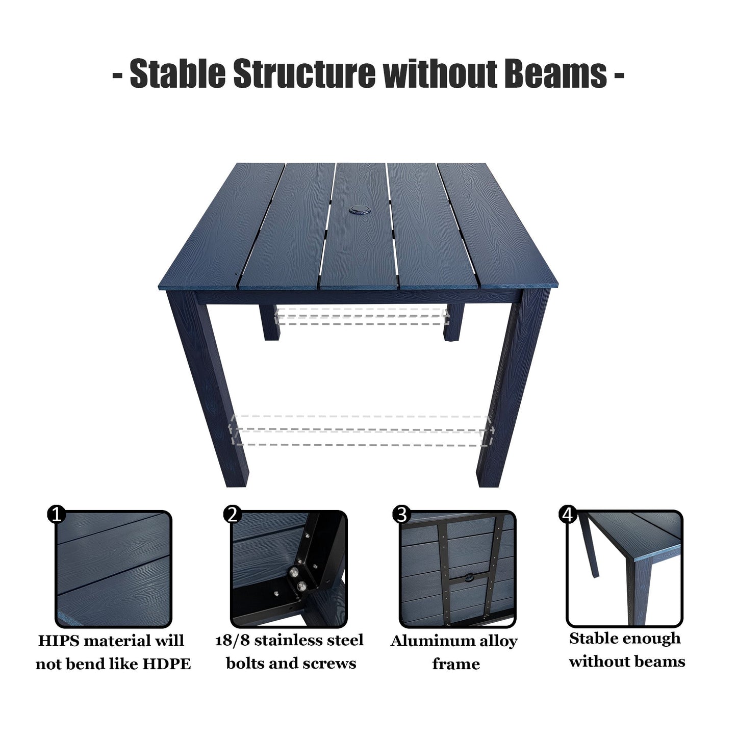 Poly Lumber Patio Dining Table, 36.2-Inches HIPS Outdoor Dining Table with Umbrella Hole, Weather Resistant (Navy Blue, 1 Piece)