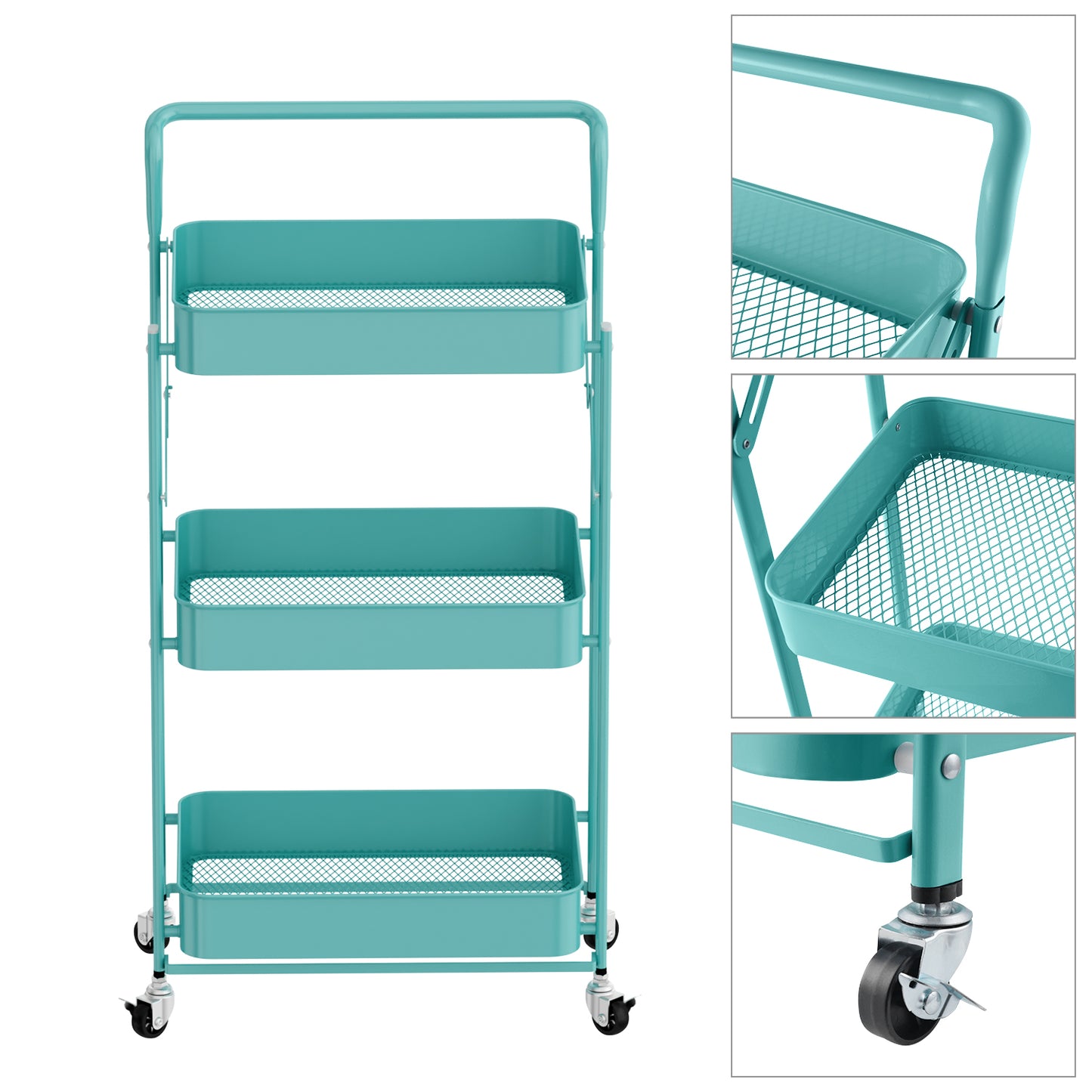 Fortune Candy Foldable 3-Tier Rolling Utility Cart, No-Assembly Multipurpose Storage Organizer with Handle for Home or Office, Green