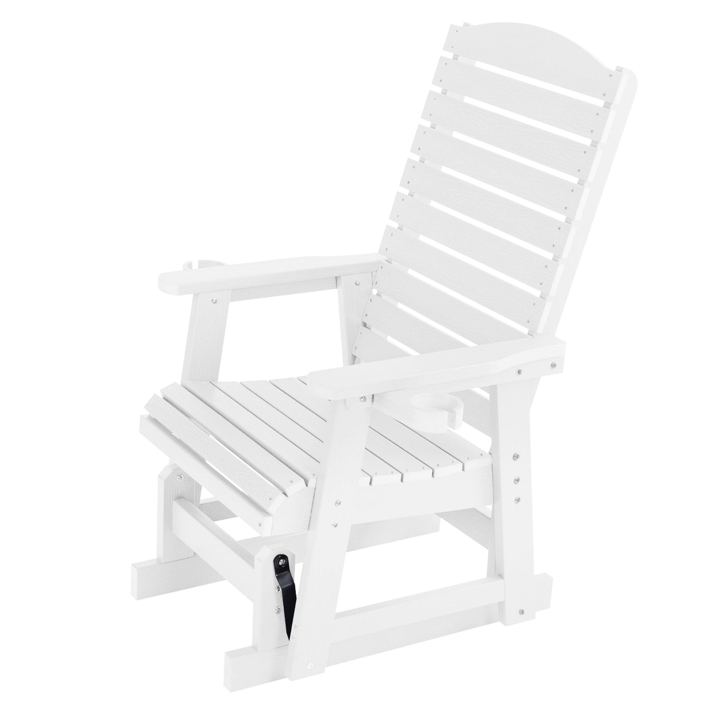 Poly Lumber Patio Glider for One Person, with Cup Holders, High Backrest and Deep Contoured Seat, HIPS Material, All-Weather Resistant, Heavy Duty 700 Pounds (White)