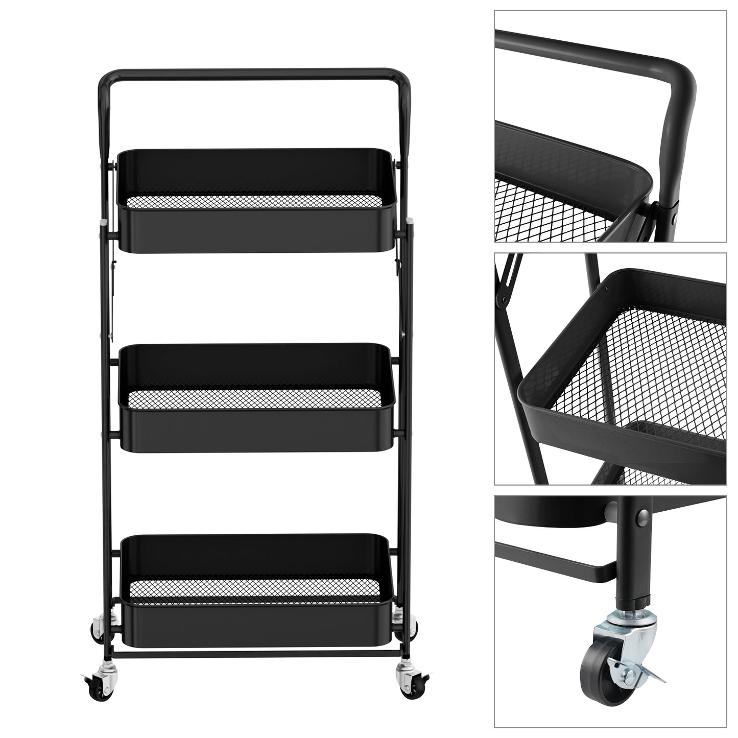 Fortune Candy Foldable 3-Tier Rolling Utility Cart, No-Assembly Multipurpose Storage Organizer with Handle for Home or Office, Black