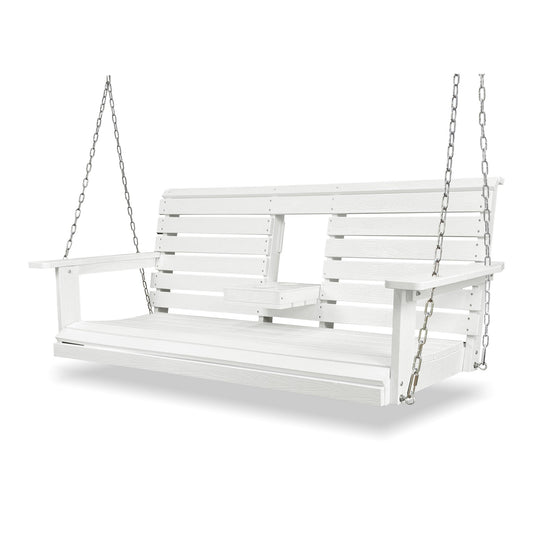 Poly Lumber 3-Seat Porch Swing, HIPS 5-Feet Bench Swing with Foldable Cup Holders,18/8 Stainless Steel Hardware, High Backrest and Deep Contoured Seat, Snow White