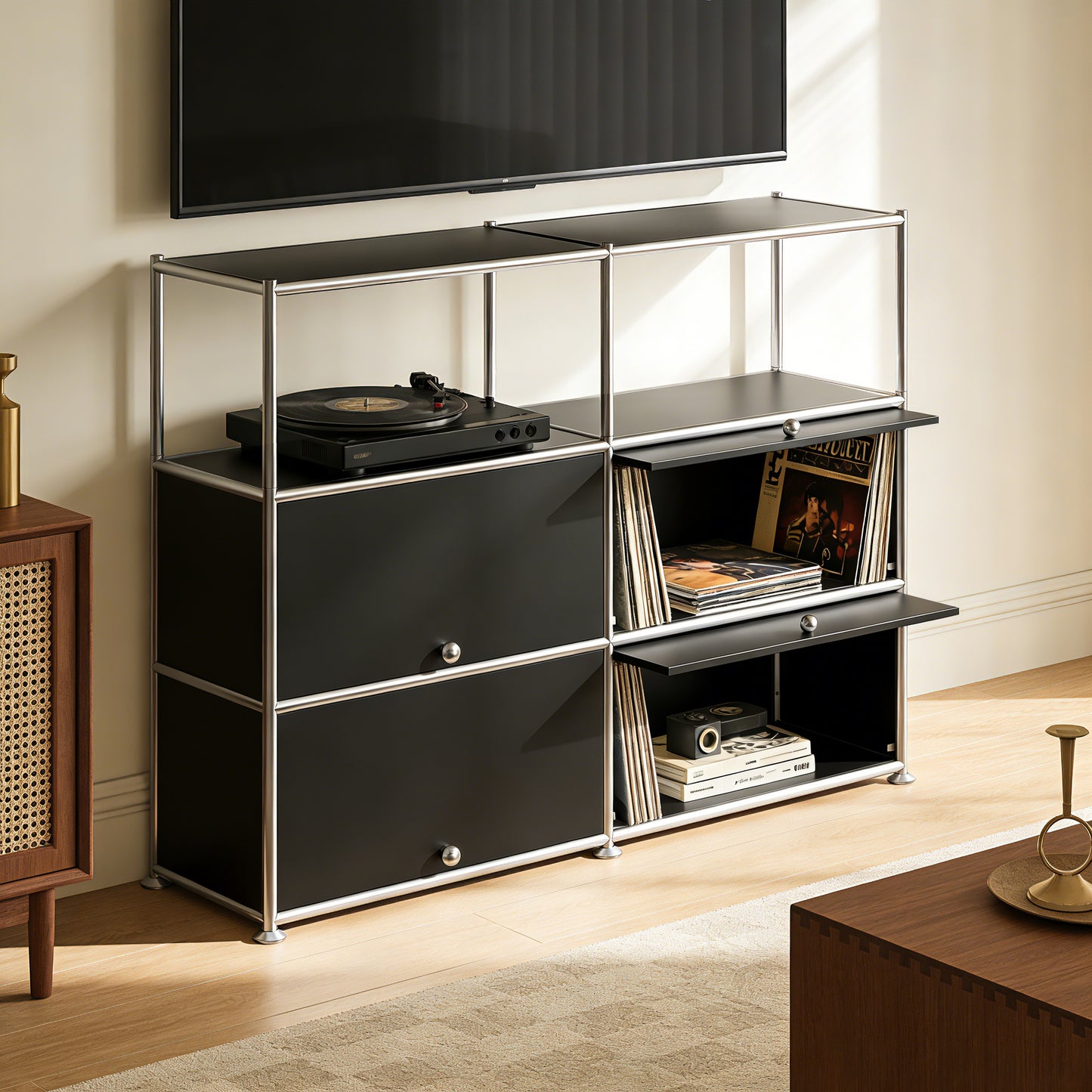 Fortune Candy 4-Door Modular Metal Sideboard with Open Shelf, Modern Twin-Row Grid Cabinet for Dining or Living Room, Office, Black