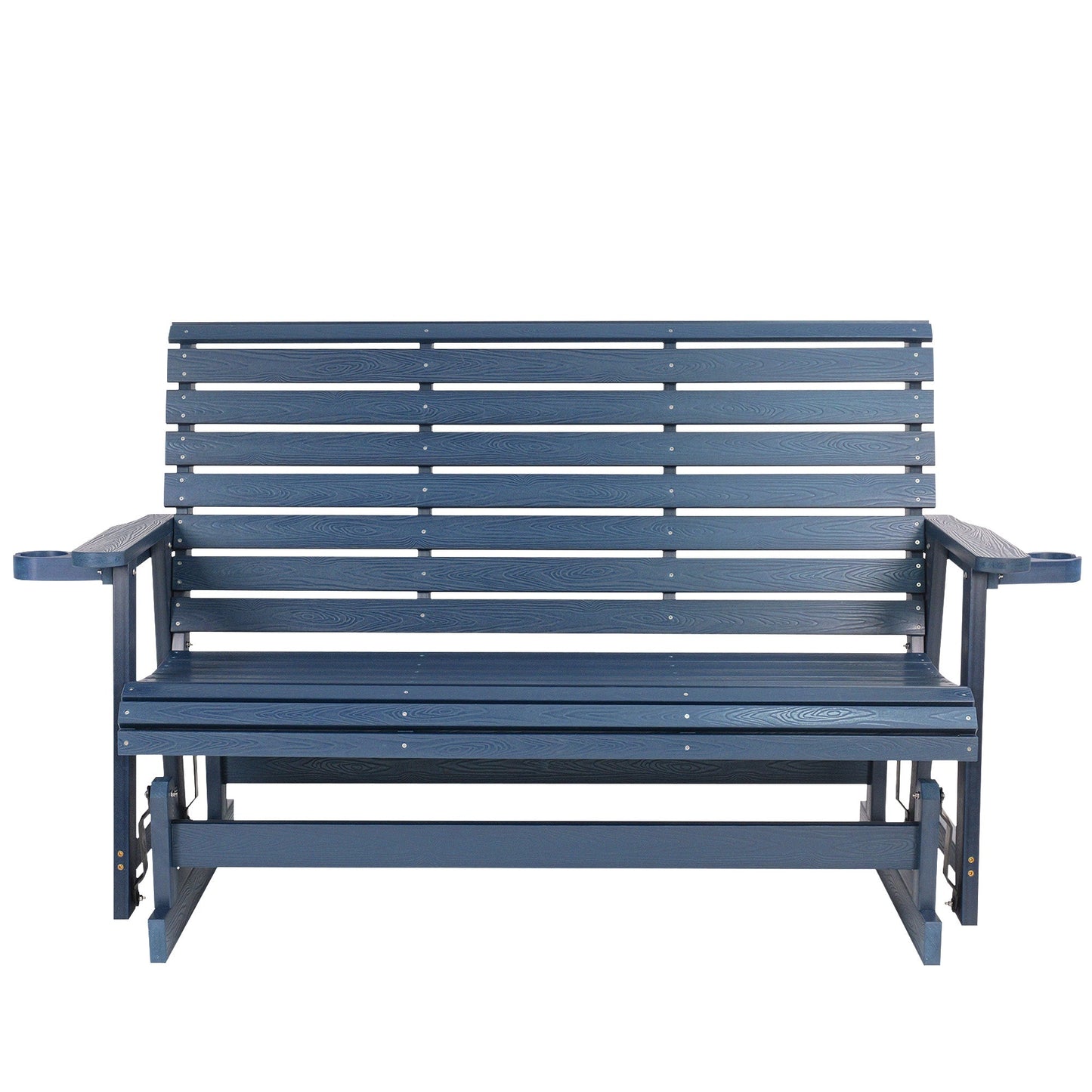 HIPS Patio Glider with Cup Holders, Durable Poly Lumber Material, All-Weather Resistant, High Backrest and Deep Contoured Seat, Ladder Back, Heavy Duty 900 LB, for Outdoor, Patio (Navy Blue, 3-Seat)