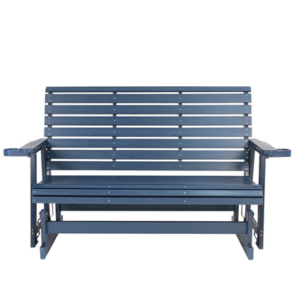 HIPS Patio Glider with Cup Holders, Durable Poly Lumber Material, All-Weather Resistant, High Backrest and Deep Contoured Seat, Ladder Back, Heavy Duty 900 LB, for Outdoor, Patio (Navy Blue, 3-Seat)