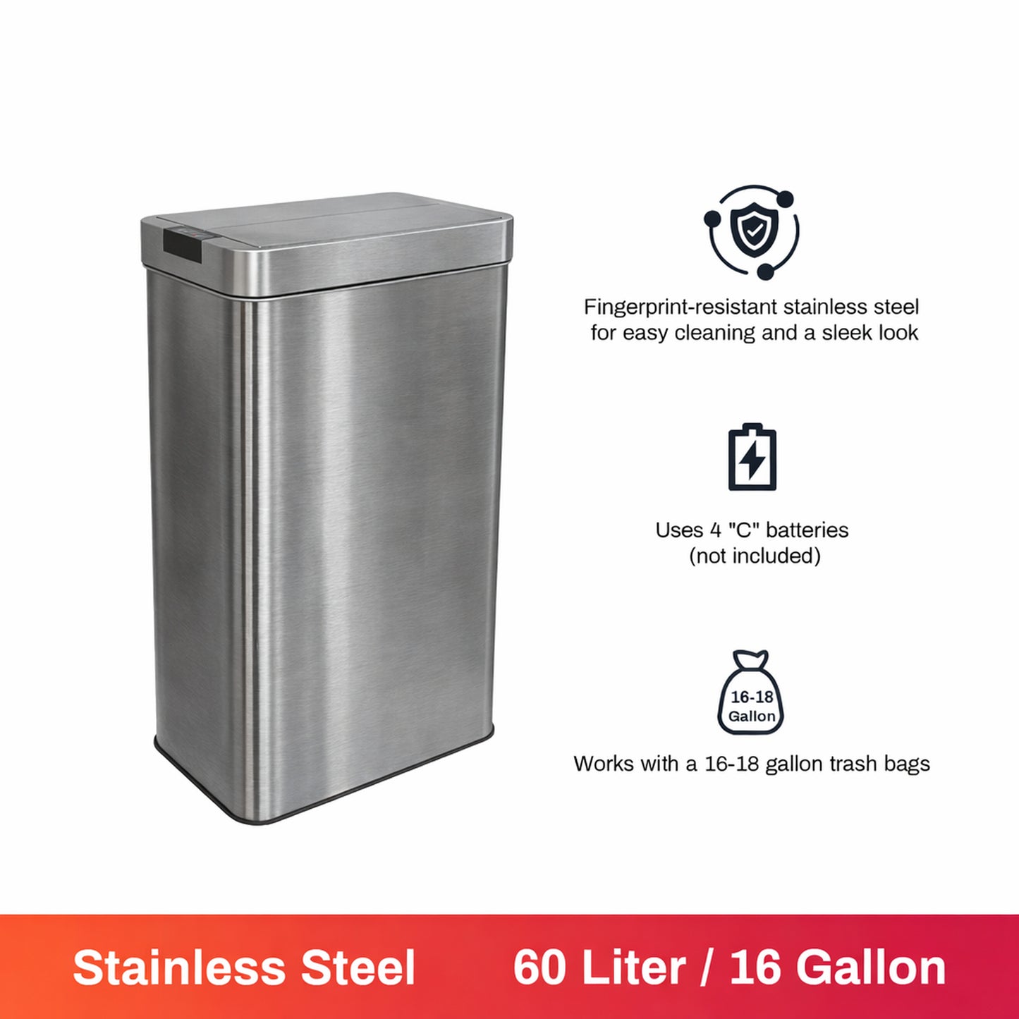 Innovaze 16 Gal./ 60 Liter Stainless Steel Slim Motion Sensor with Butterfly Lid Trash Can For Home, Office