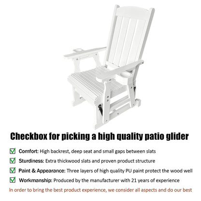 Fortune Candy 1-Person Outdoor Wooden Glider Chair, Solid Fir Wood, Heavy-Duty 600 lb, White, for Patio & Porch