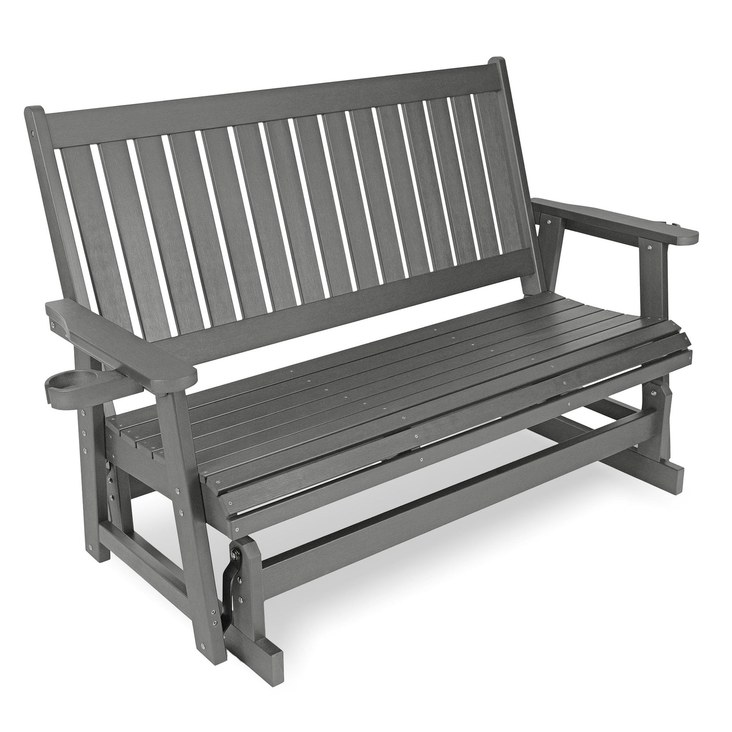 HIPS Patio Glider with Cup Holders, Durable Poly Lumber Material, All-Weather Resistant, High Backrest and Deep Contoured Seat, Heavy Duty 900 LB, for Outdoor, Porch, Patio (Gray, 3-Seat)