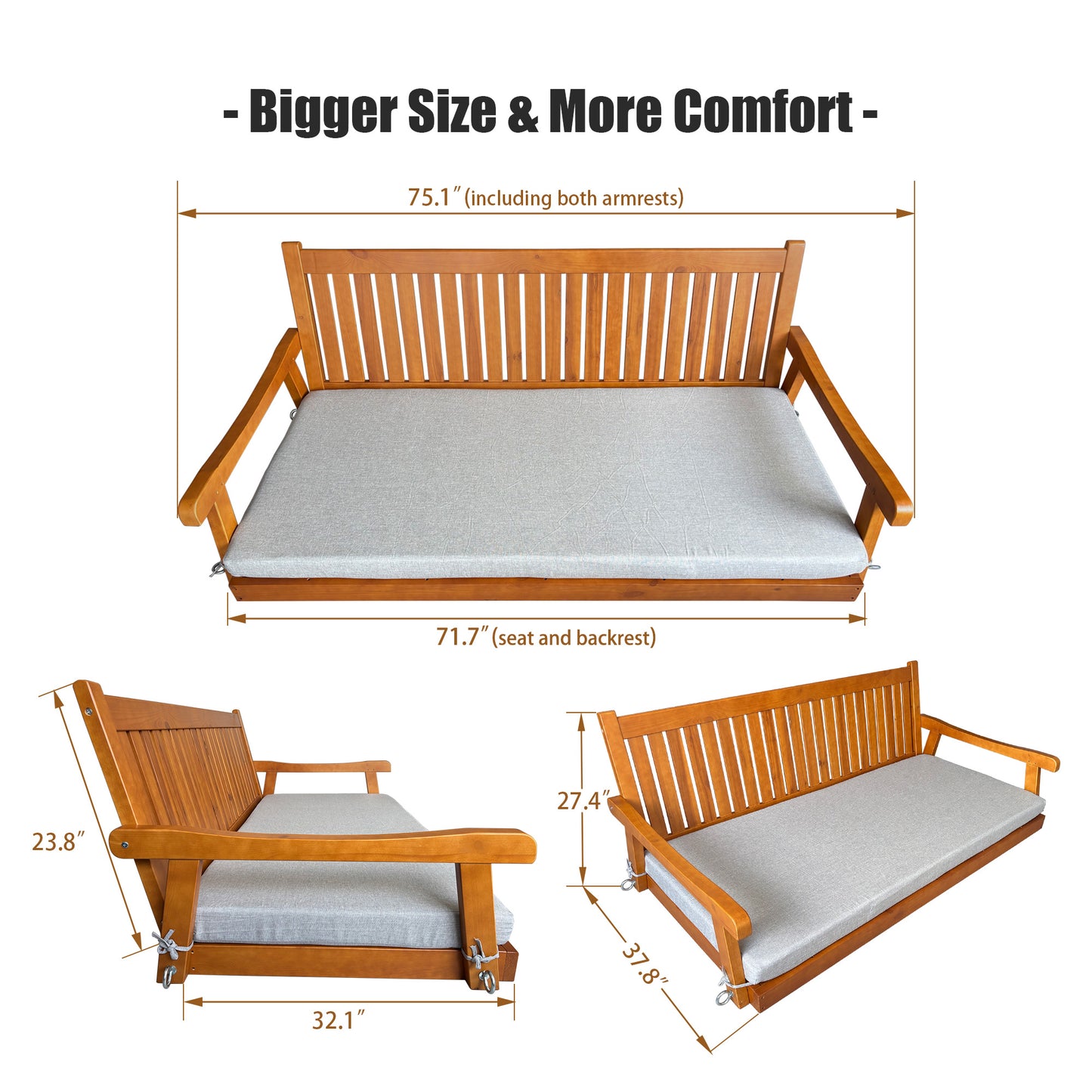 Fortune Candy 75.1 in. Solid Fir Wood Frame Porch Swing Bed with Thick Cushion-Outdoor Hanging Daybed, Teak, Heavy Duty 1000 LBS