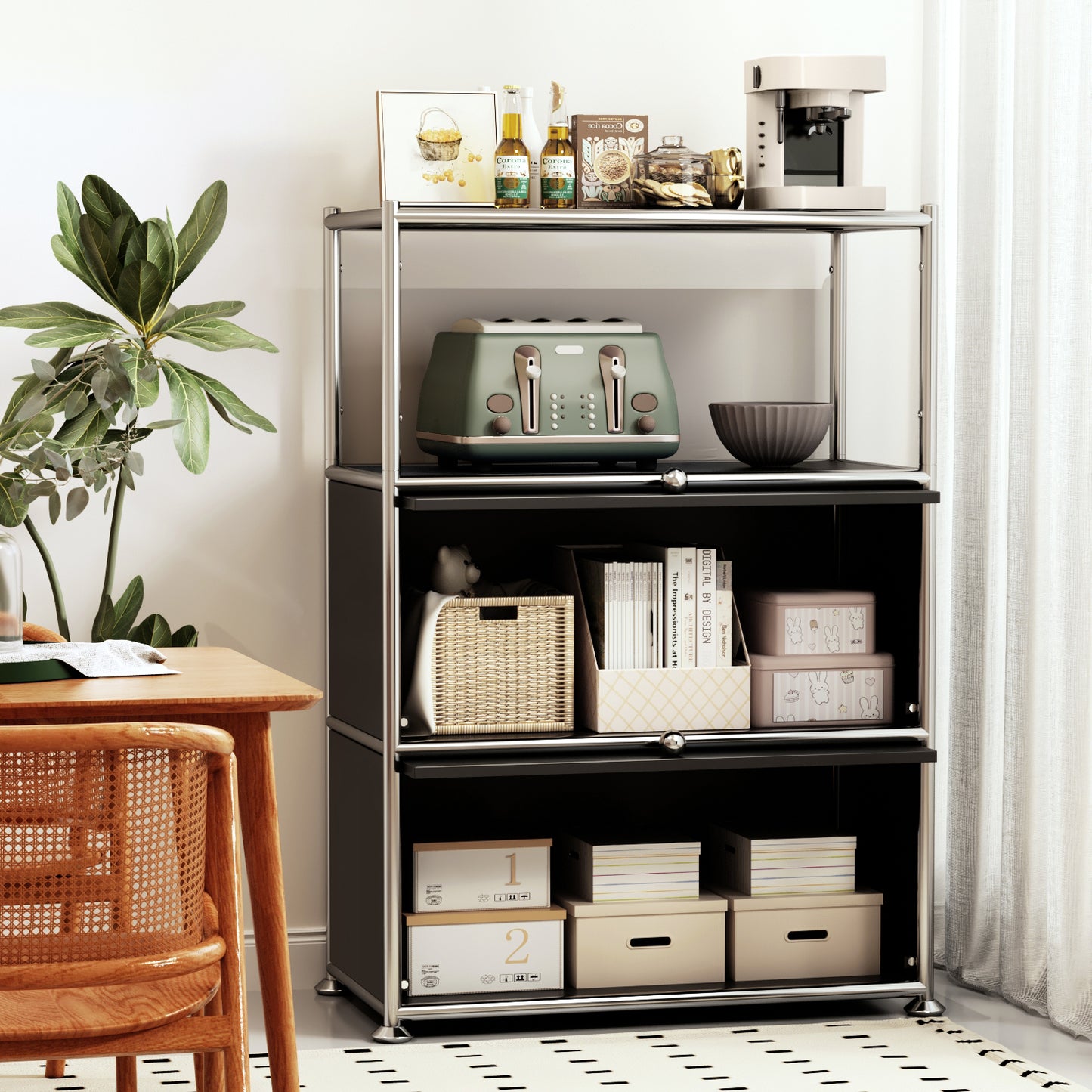 Fortune Candy 3 Tier Modular Metal Storage Cabinet, Modern Grid-Style Organizer for Dining Room, Living Room or Office, Black
