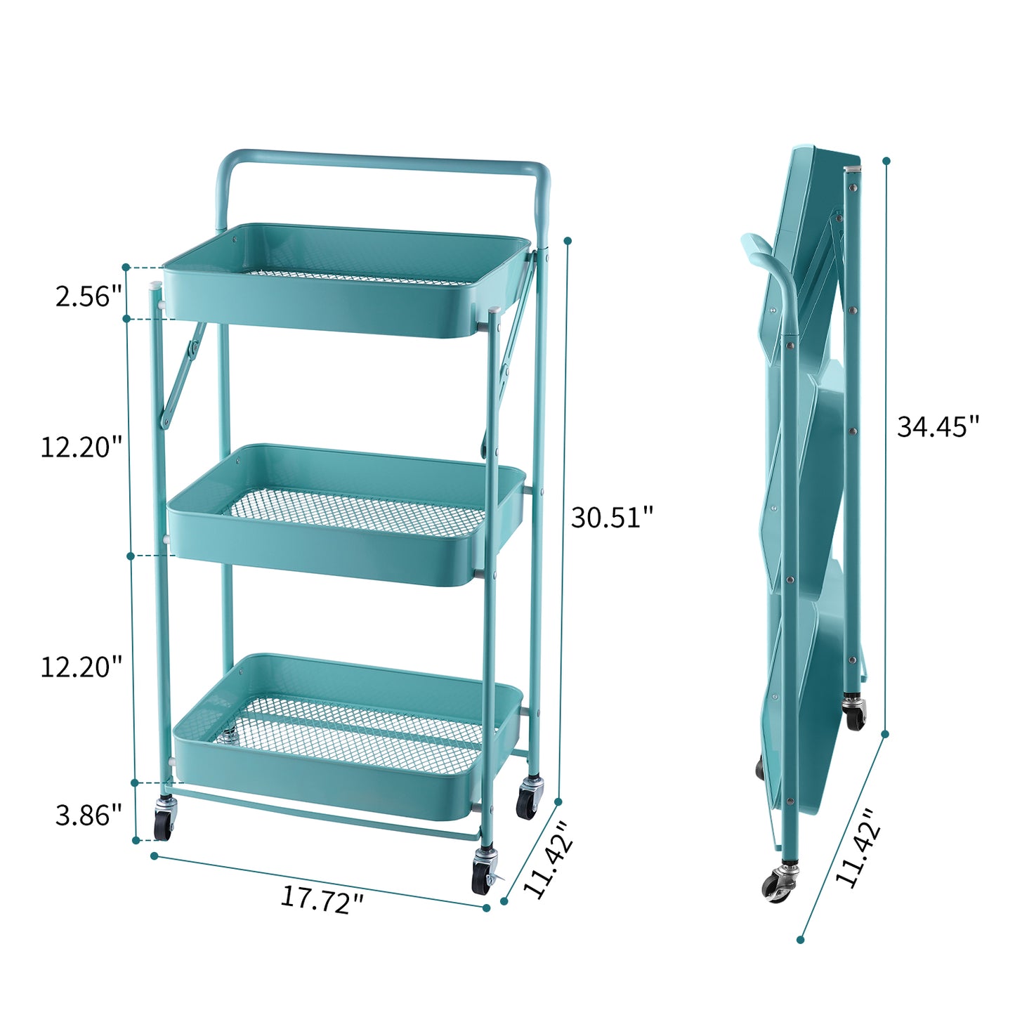 Fortune Candy Foldable 3-Tier Rolling Utility Cart, No-Assembly Multipurpose Storage Organizer with Handle for Home or Office, Green