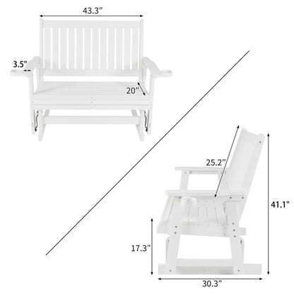 HIPS Patio Glider with Cup Holders, Durable Poly Lumber Material, All-Weather Resistant, High Backrest and Deep Contoured Seat, Heavy Duty 900 LB, for Outdoor, Porch, Patio (White, 2-Seat)