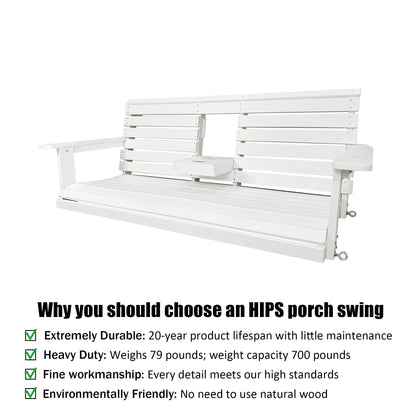 Poly Lumber 3-Seat Porch Swing, HIPS 5-Feet Bench Swing with Foldable Cup Holders,18/8 Stainless Steel Hardware, High Backrest and Deep Contoured Seat, Snow White
