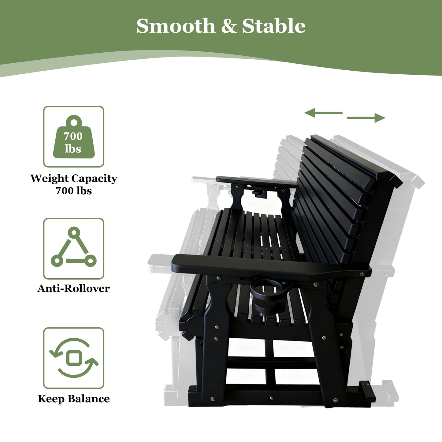 HDPE Patio Glider, Poly Lumber Weather-Resistant Outdoor Glider Bench, for Patio, Porch, Yard, Black