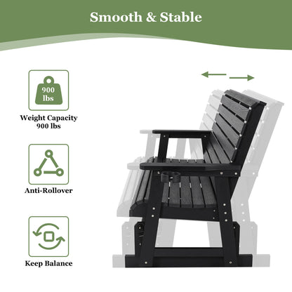 HIPS Patio Glider with Cup Holders, Durable Poly Lumber Material, All-Weather Resistant, High Backrest and Deep Contoured Seat, Ladder Back, Heavy Duty 900 LB, for Outdoor, Patio (Black, 3-Seat)