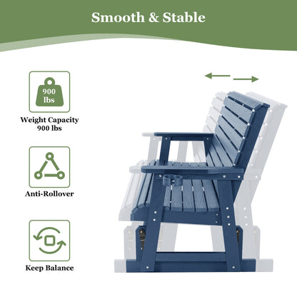 HIPS Patio Glider with Cup Holders, Durable Poly Lumber Material, All-Weather Resistant, High Backrest and Deep Contoured Seat, Ladder Back, Heavy Duty 900 LB, for Outdoor, Patio (Navy Blue, 3-Seat)