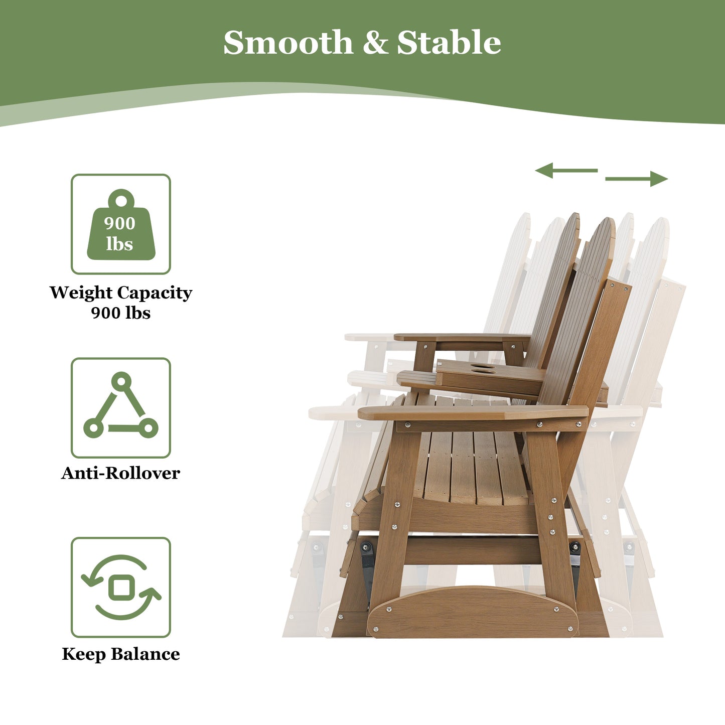 Fortune Candy 67.5 in Poly Lumber Plastic Patio Glider with Cup Holders, Brown, High Backrest and 900 lbs Weight Capacity, 3-Person