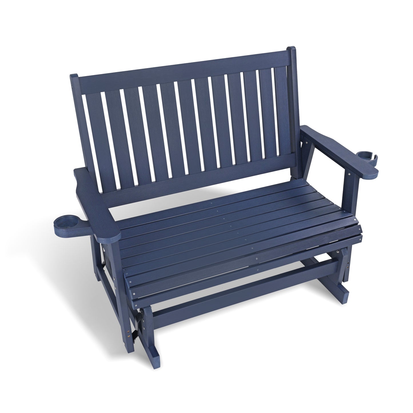 Fortune Candy Poly Lumber Patio Glider 2 Seater, High Backrest, Cup Holders, for Outdoor Garden, Yard, or Deck (Navy Blue)