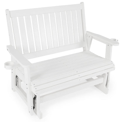 HIPS Patio Glider with Cup Holders, Durable Poly Lumber Material, All-Weather Resistant, High Backrest and Deep Contoured Seat, Heavy Duty 900 LB, for Outdoor, Porch, Patio (White, 2-Seat)