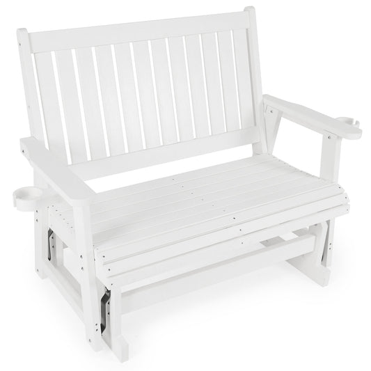 HIPS Patio Glider with Cup Holders, Durable Poly Lumber Material, All-Weather Resistant, High Backrest and Deep Contoured Seat, Heavy Duty 900 LB, for Outdoor, Porch, Patio (White, 2-Seat)