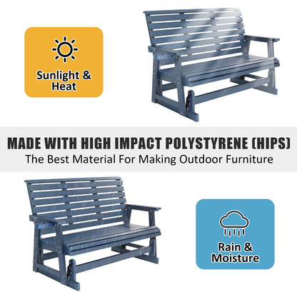HIPS Patio Glider with Cup Holders, Durable Poly Lumber Material, All-Weather Resistant, High Backrest and Deep Contoured Seat, Ladder Back, Heavy Duty 900 LB, for Outdoor, Patio (Navy Blue, 3-Seat)