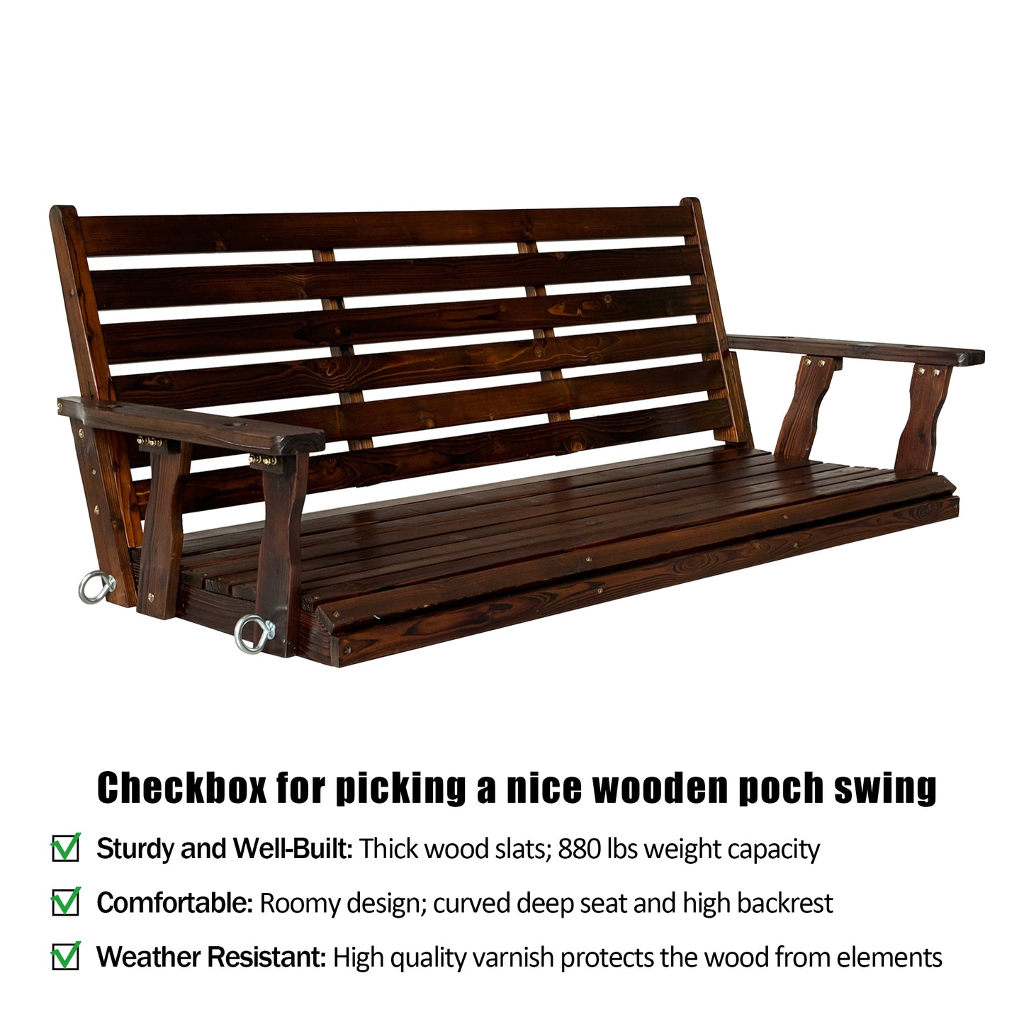 Fortune Candy 5 ft. Wooden Porch Swing 3-Seater for Outdoor Patio Garden Yard (Deep Brown)