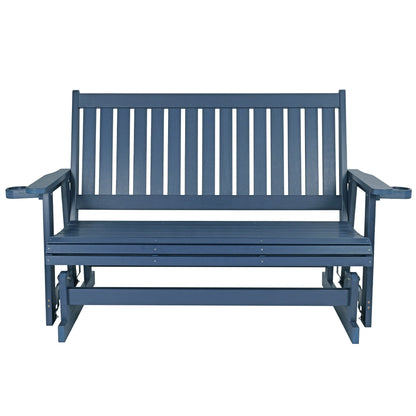 HIPS Patio Glider with Cup Holders, Durable Poly Lumber Material, All-Weather Resistant, High Backrest and Deep Contoured Seat, Heavy Duty 900 LB, for Outdoor, Porch, Patio (Navy Blue, 3-Seat)