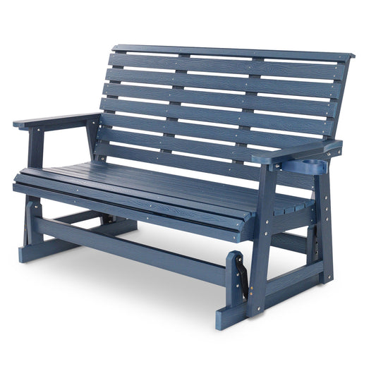 HIPS Patio Glider with Cup Holders, Durable Poly Lumber Material, All-Weather Resistant, High Backrest and Deep Contoured Seat, Ladder Back, Heavy Duty 900 LB, for Outdoor, Patio (Navy Blue, 3-Seat)